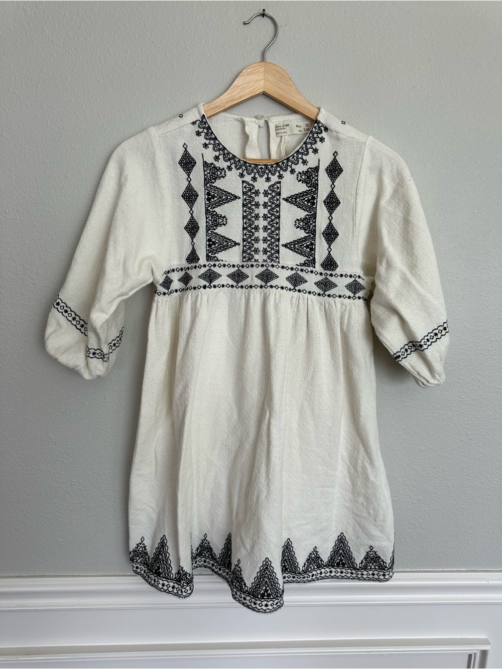 Girls' Zara White Embroidered Boho Dress with Black Detailing